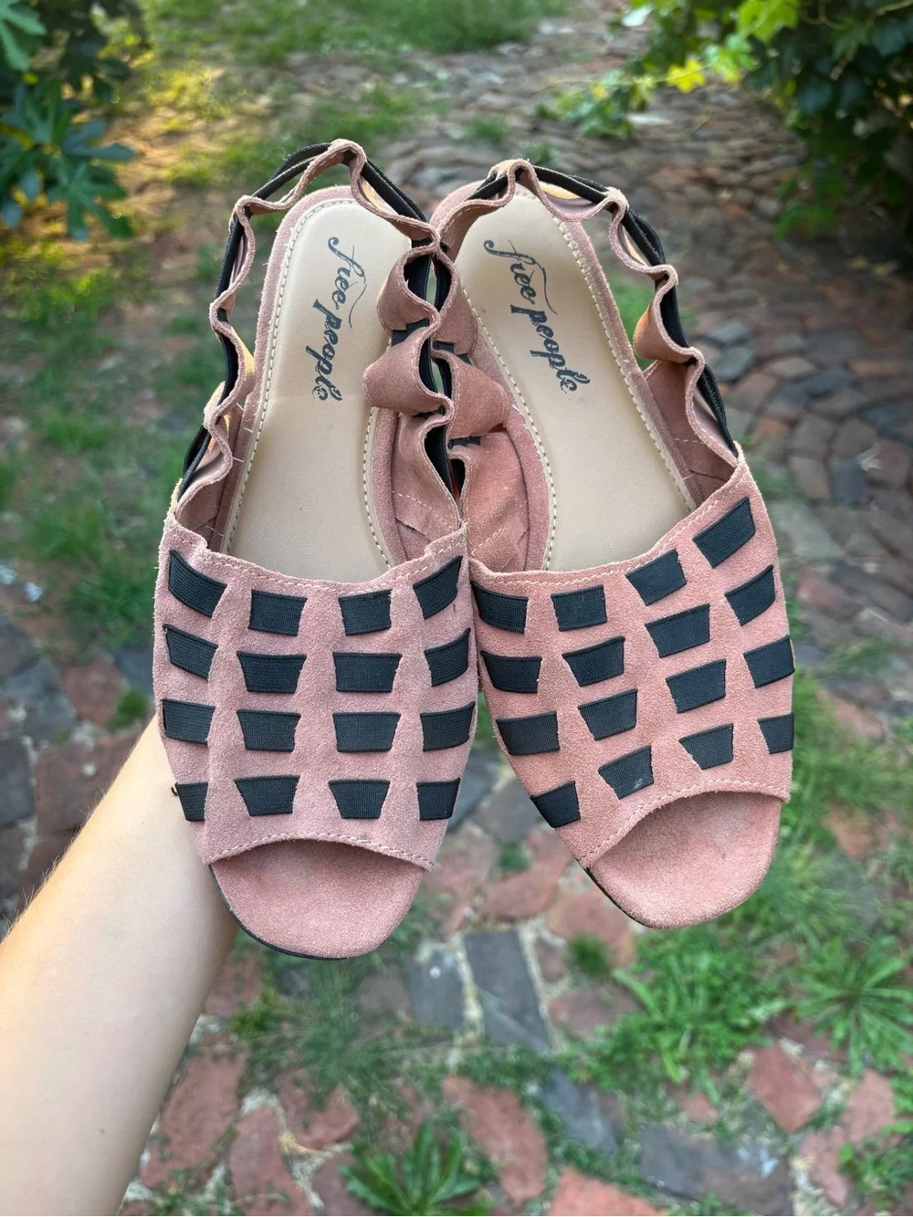 Free People Pink Suede Open-Weave Sandals with Black Straps